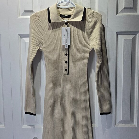 NWT Women’s Beige Ribbed Knit Collared Midi Dress | Size Small - Picture 3 of 7